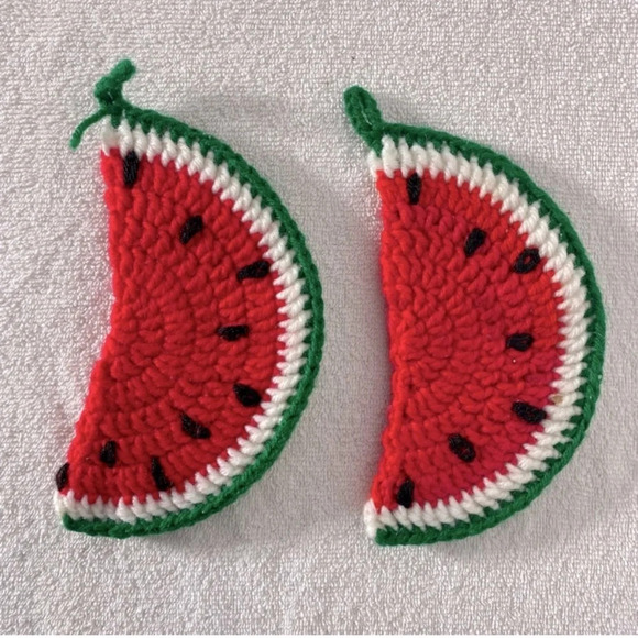 Vintage Handmade Crochet Watermelon Slices Pot Holders Trivets  x2 - Picture 1 of 5